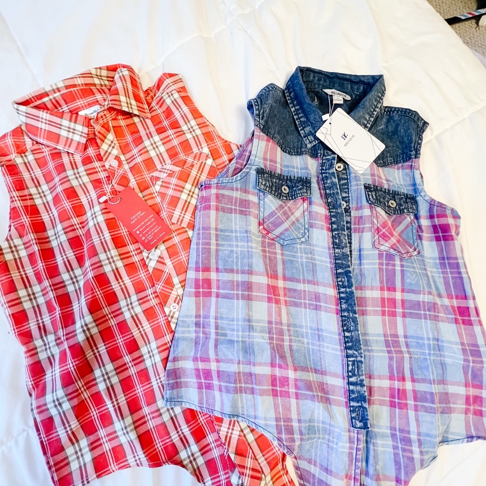Plaid Sleeveless Kids Shirts - Red and Purple